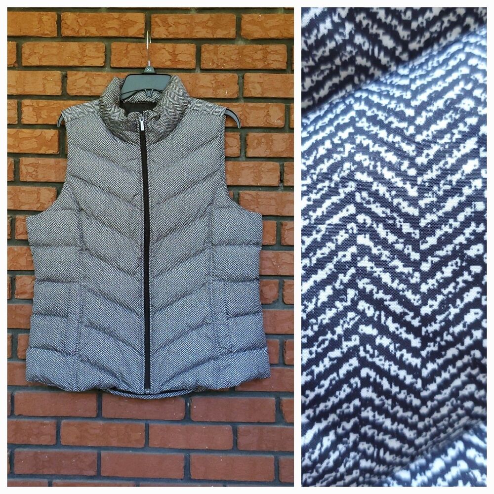 Lands End Puffer Vest Womens L/T Full Zip 80% Down Black White Herringbone